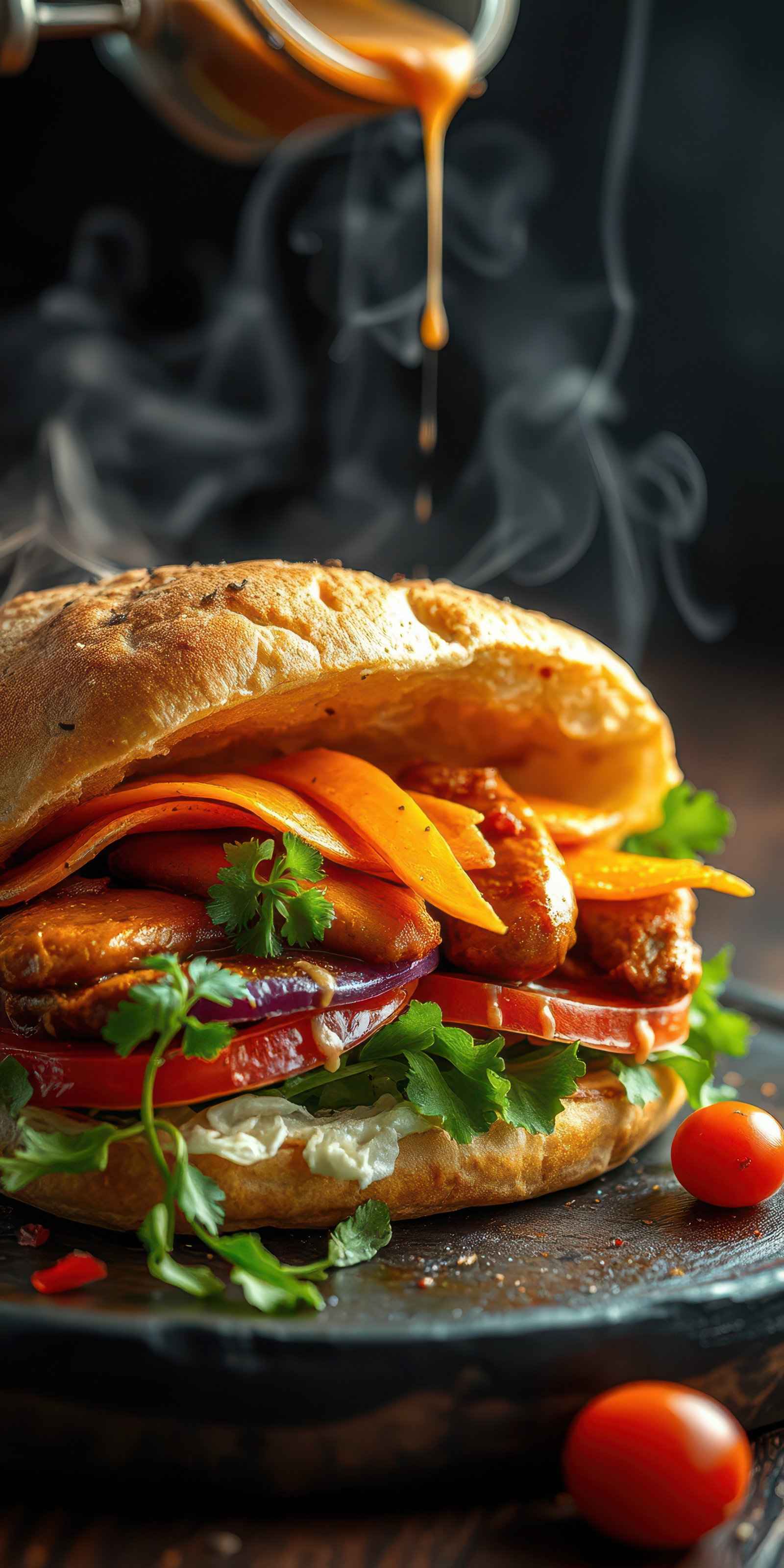 Delicious sandwich filled with grilled chicken, fresh vegetables, and sauce on a rustic wooden table